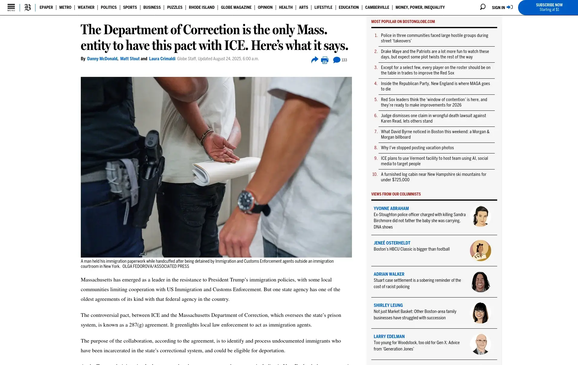 The Department of Correction is the only Mass. entity to have this pact with ICE. Here’s what it says.